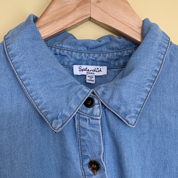 Splendid | Cold-Shoulder Button-Front Chambray Frayed Hem Cuffs Shirt Top S - Picture 8 of 17